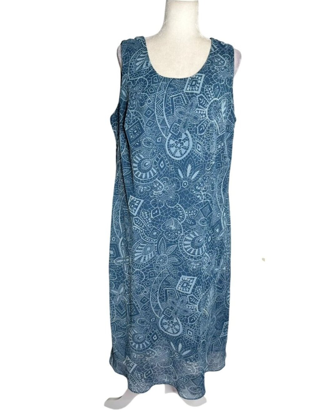 Dressbarn Chiffon Shift Dress 18W Blue Sleeveless Floral Lined Pullover Midi